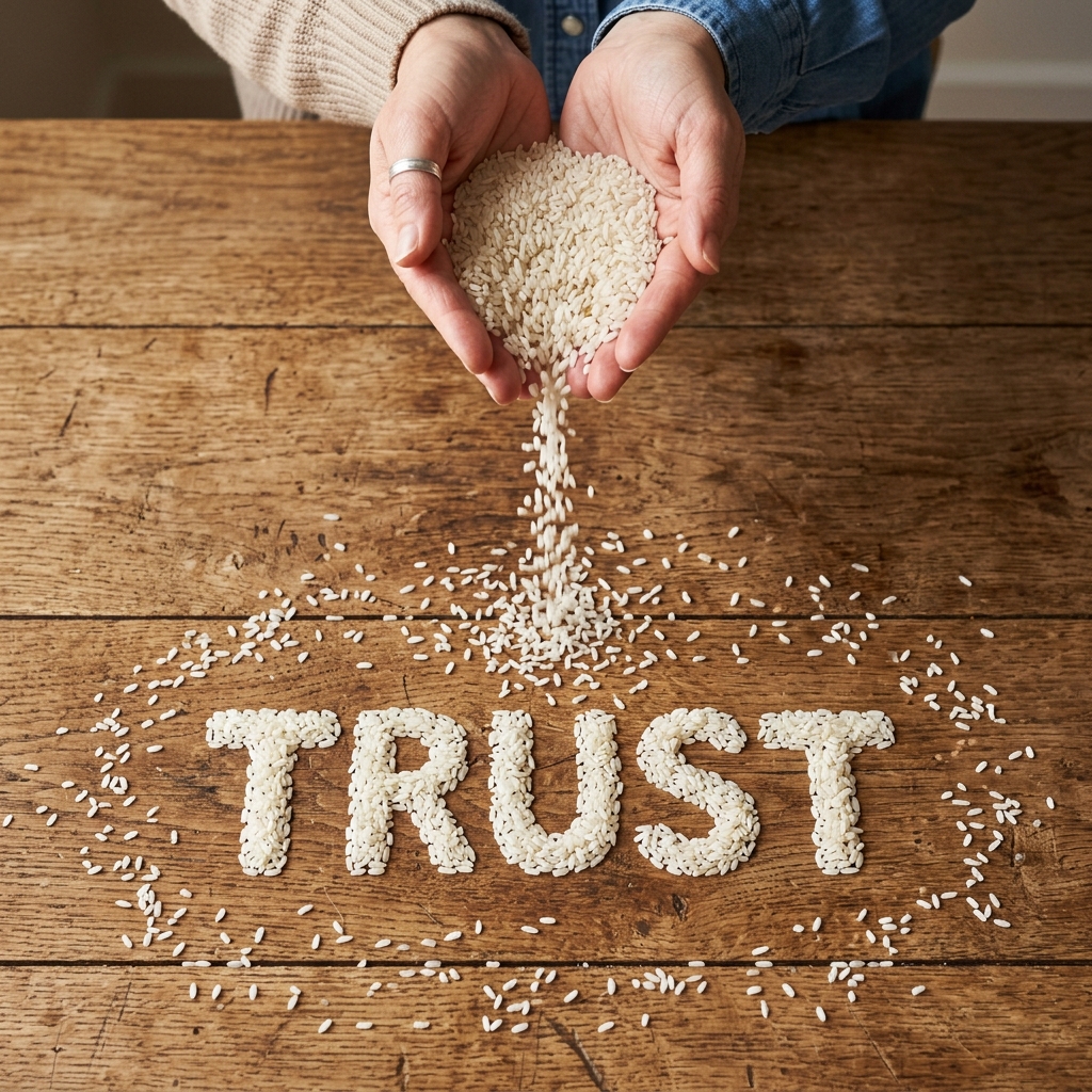 Trust — spelled in rice grains